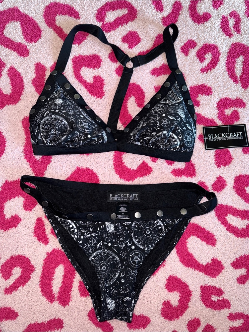 Blackcraft Black Pentagram Print Strappy Bikini Set